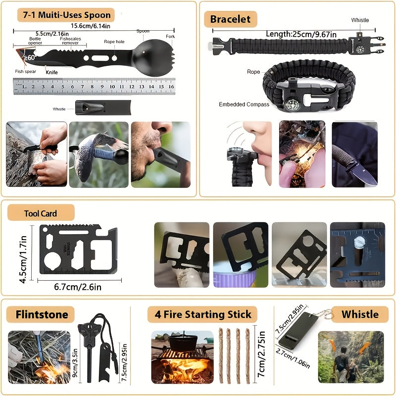 Tactical Survival Kit with Shovel Axe Fire Starter Compass Paracord Multi-Tool Bag for Camping Hiking Car Home Hurricane Earthquake Emergency Preparedness