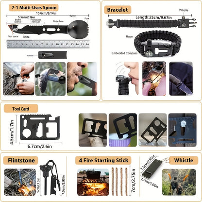 Tactical Survival Kit with Shovel Axe Fire Starter Compass Paracord Multi-Tool Bag for Camping Hiking Car Home Hurricane Earthquake Emergency Preparedness