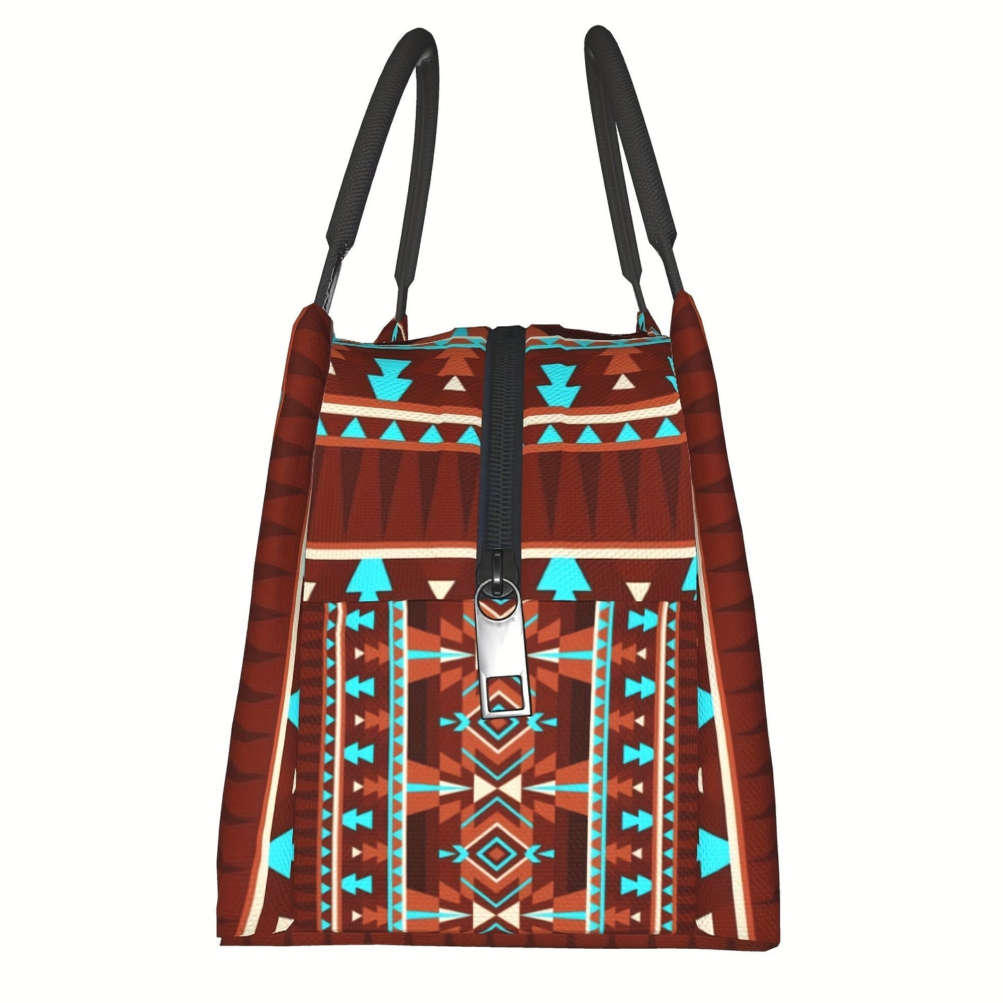 Insulated Cooler Bag Brown Geometric Pattern | Reusable Polyester Lunch Tote 11x6.5x7 In for Camping, Picnics & Beach Outings