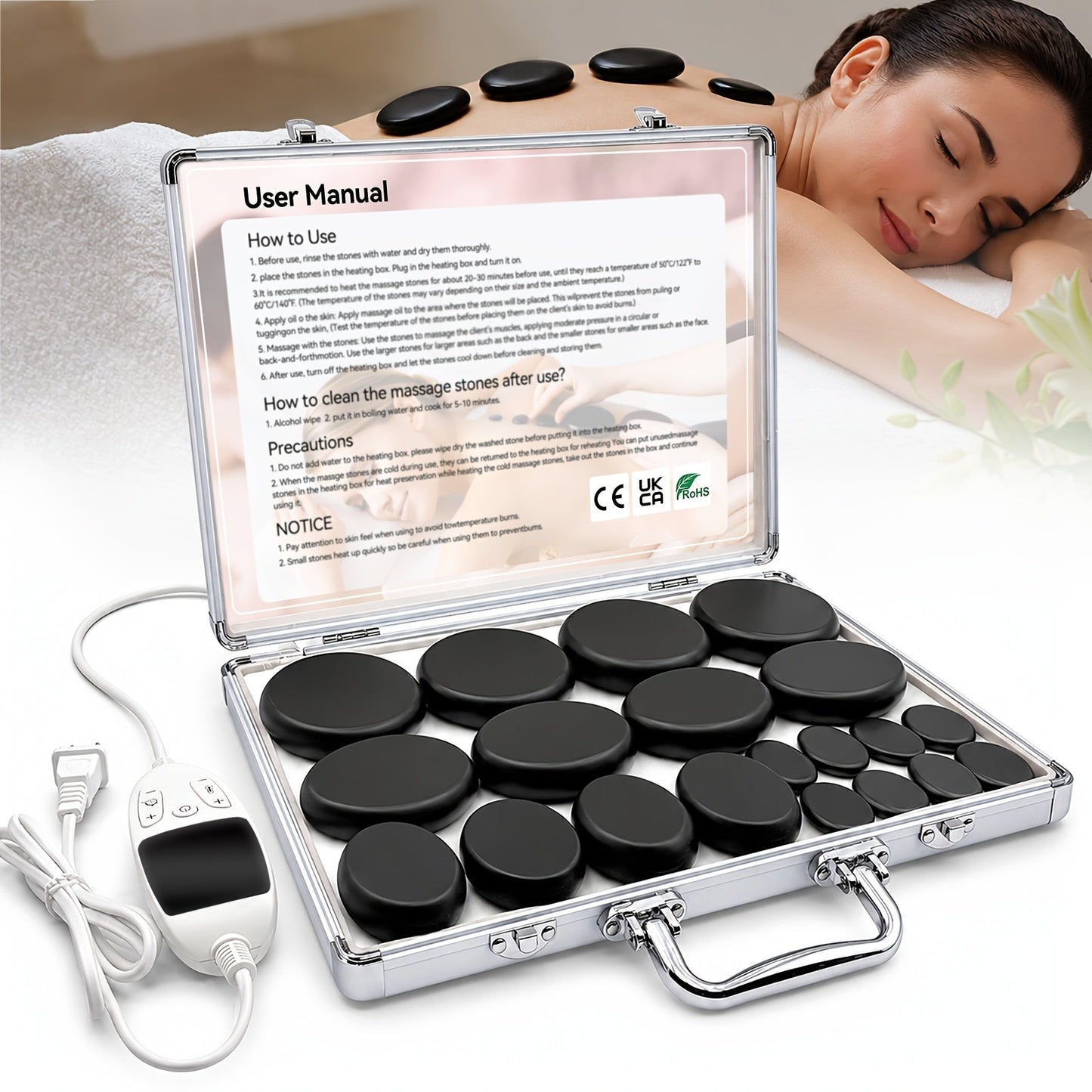 Basalt Hot Stone Massage Kit 20Pcs with Temperature Control Heater - Professional Spa Therapy Set for Full Body Neck Back Leg Stomach, Natural Stones Warmer for Therapist & Home Use, 13.3"x9.4"