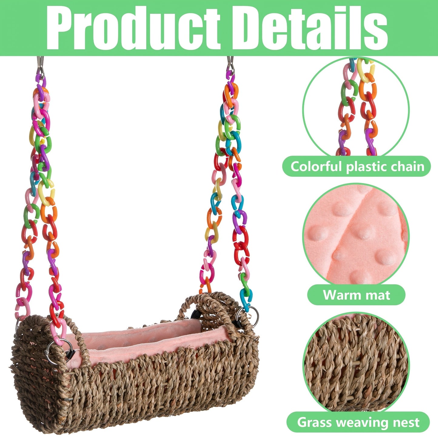 Parrot Nest with Mat Rattan Swing Toy All Season Bird Hammock Hanging Perch for Baby Parrots Cockatiels Conures Budgies Colorful Chain Included
