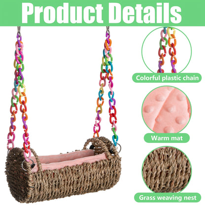 Parrot Nest with Mat Rattan Swing Toy All Season Bird Hammock Hanging Perch for Baby Parrots Cockatiels Conures Budgies Colorful Chain Included