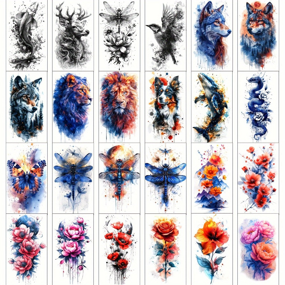 Watercolor Temporary Tattoos 24 Sheets for Women & Kids – Large Realistic Fake Tattoo Stickers Flower & Animal Designs Long Lasting Body Art Half Arm Tattoos