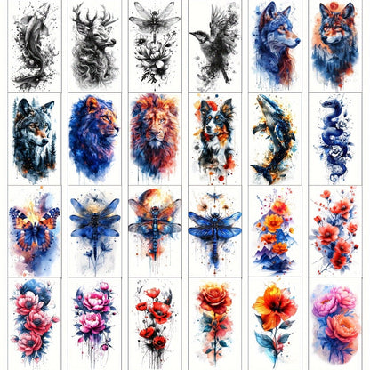 Watercolor Temporary Tattoos 24 Sheets for Women & Kids – Large Realistic Fake Tattoo Stickers Flower & Animal Designs Long Lasting Body Art Half Arm Tattoos