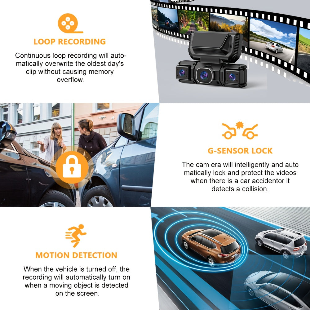 360° 3/4 Lens Dash Cam USA, 4 Channel Front/Rear/Left/Right Recording, Night Vision, 3.16" IPS Screen with Wifi, G-Sensor, Parking Mode, 32GB Card Optional/No Card