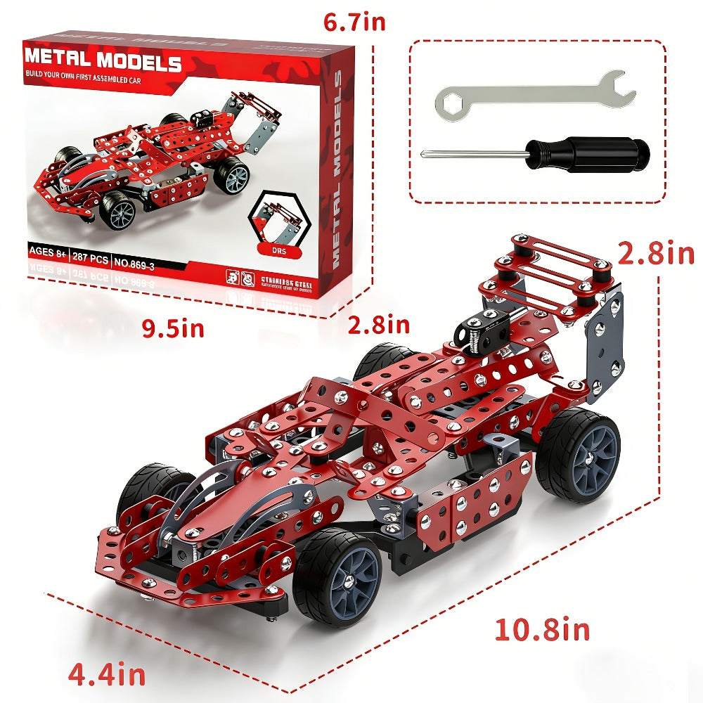 STEM Building Kit Model Car 283-287 Pcs Motorized Assembly Vehicle Toy with All-Terrain Tires & Openable Hood – Construction Toy for Boys Kids Ages 6+, Birthday Christmas Gift Red Green