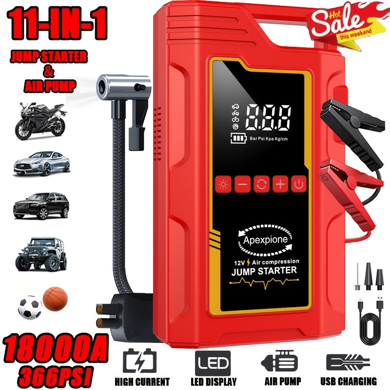 10000A-18000A High-current Car Starter with Air Compressor, 366PSI Inflator, for 12V (ALL Gas/ALL Diesel). Smart Cables, Protections, Fast USB, LED Light, Storage Bag. Hurricane Emergency Lighting, Auto Tool.Nice Gift