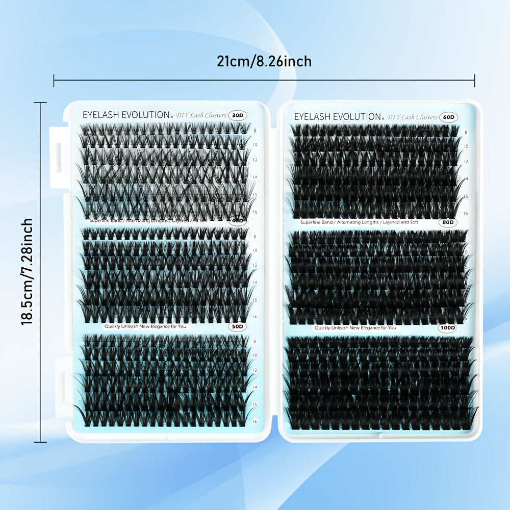 Complete 720-Piece Handmade Cluster Lash Kit with Glue & Tweezers — 30D to 100D, 6 Styles & Lengths, Lightweight No-Irritation Formula for Natural & Volume DIY Eyelash Extensions