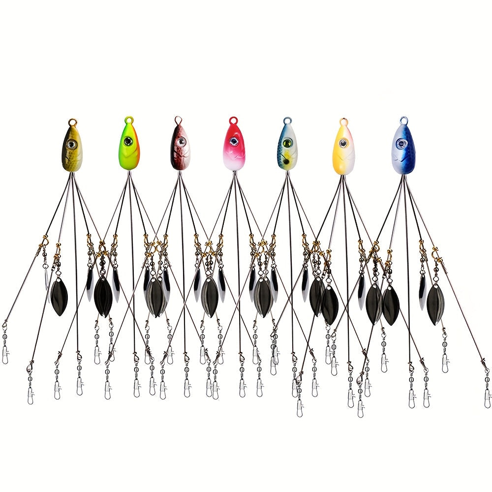 Alabama Umbrella Rig Fishing Lure Set 7 Pack - 5-Arm Multi-Head Bass Lure with Ultralight Tripod Frame, Beginner Friendly Swimbait Rig for Bass Walleye Striper, Mixed Color Freshwater Fishing Tackle