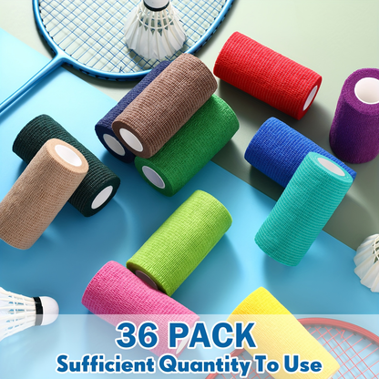 Self Adherent Bandage Wrap 36 Pack - 4 Inch x 5 Yard Cohesive Elastic Athletic Tape, Breathable Self-Stick Wrap for Wrist Ankle Knee Joint Support, Sports First Aid Compression Bandage Roll Set