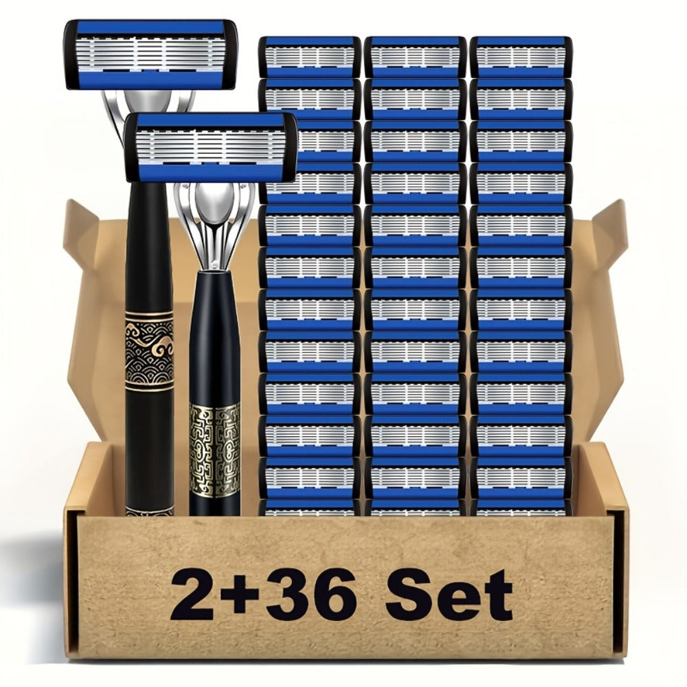 Men's Razor Set with Stainless Steel Replacement Blades - Reusable Handle & High-Capacity Blade Kit for Smooth Close Shave, Precision Grooming for Men, Multiple Bundle Options