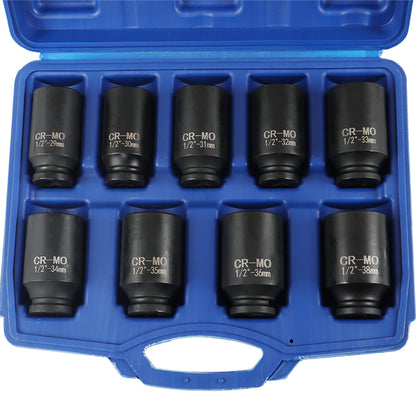 Set of 9 Deep Impact Sockets Ranging from 29 to 38 Mm, Designed for 1/2 Inch Drive Metric Axle Hub Nut Installation And Removal