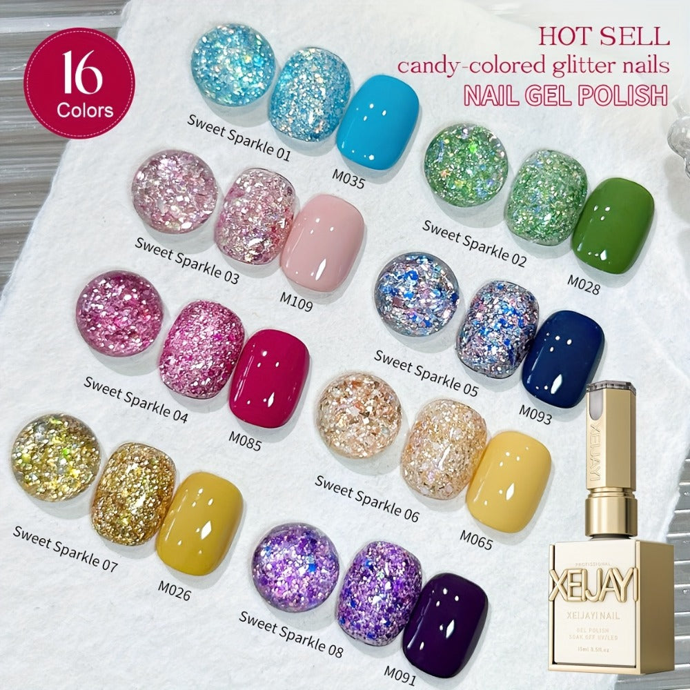 Glitter Gel Nail Polish 2-Color Set Candy Shimmer Soak Off UV LED – Photo Frame Bottle Nail Art Kit 0.51oz Each, Long Lasting Chip Resistant Sparkle for Salon & DIY Home Manicure