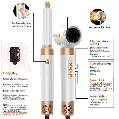 Hair Dryer Brush 7-in-1 110000 RPM Professional Ionic Blow Dryer with Diffuser for Curly Twisted Hair Curling Brush Straightener Air Curler Salon-Quality Styling White Golden