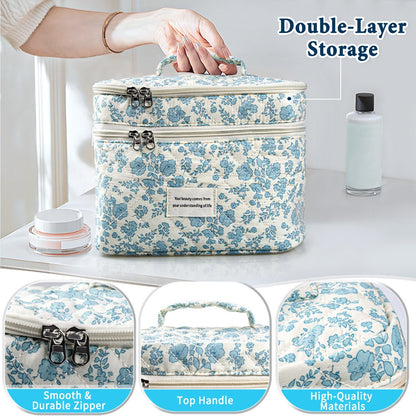 Quilted Floral Makeup Bag Set 3PCS Large Capacity Dual Layer Cotton Cosmetic Bags Coquette Aesthetic Travel Toiletry Organizer Gift for Women Girls Blue Rose Pink