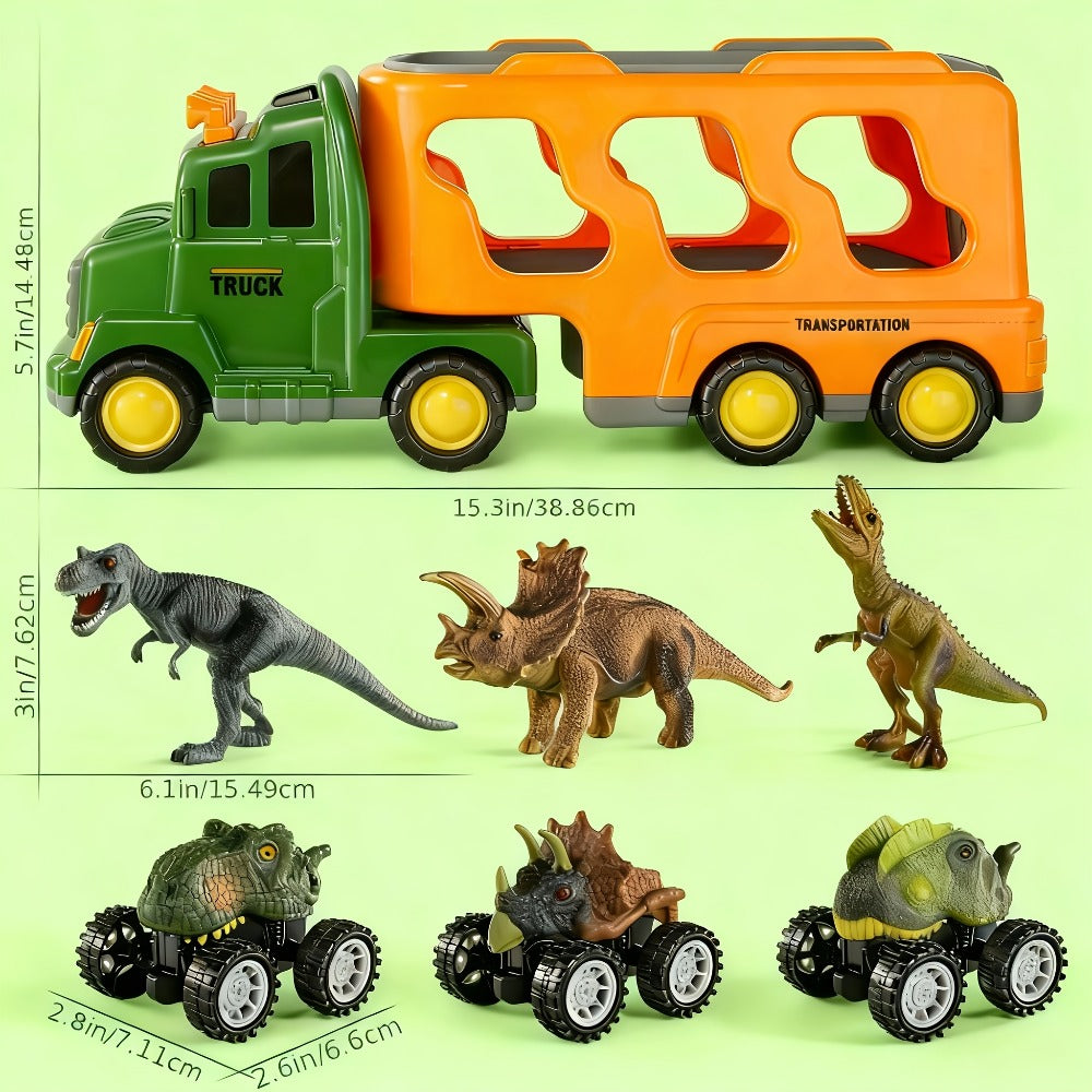 Push-Action Dinosaur Truck Toy 7-in-1 for Kids Ages 3-5 with 3 Dino Figures & 3 Mini Cars – Friction Vehicle LED Lights & Roaring Sound Effects Monster Dino Car Birthday Christmas Gift Boys