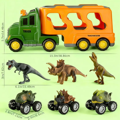 Push-Action Dinosaur Truck Toy 7-in-1 for Kids Ages 3-5 with 3 Dino Figures & 3 Mini Cars – Friction Vehicle LED Lights & Roaring Sound Effects Monster Dino Car Birthday Christmas Gift Boys