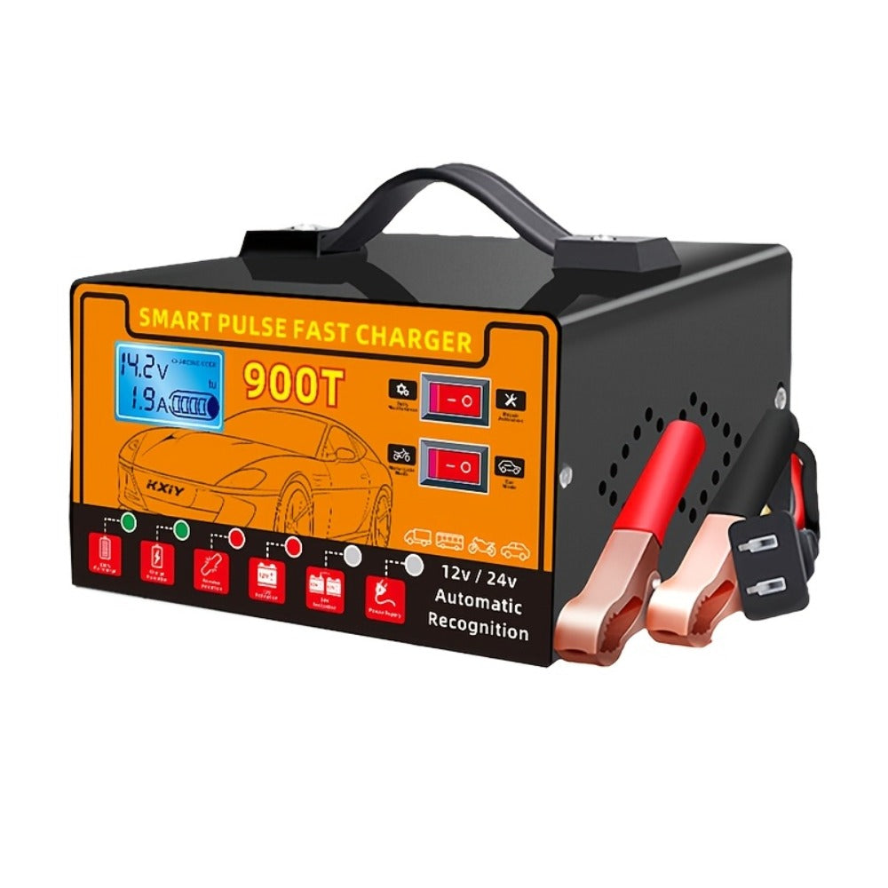 Smart Battery Charger 12V/24V with Pulse Repair & LCD Screen – Trickle Charger & Maintainer for Car, Truck, Motorcycle, Boat, Lawn Mower, Temperature Regulated