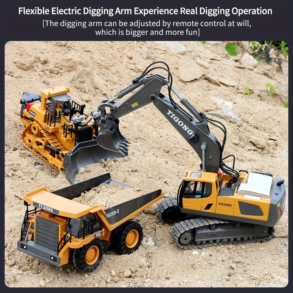 RC Excavator Toy 1:24 Scale 2.4GHz 9-Channel Remote Control with Alloy Metal Cap Lights & Sound Rechargeable Battery – Construction Truck for Boys Ages 6+ Birthday Christmas Gift Multiple Colors