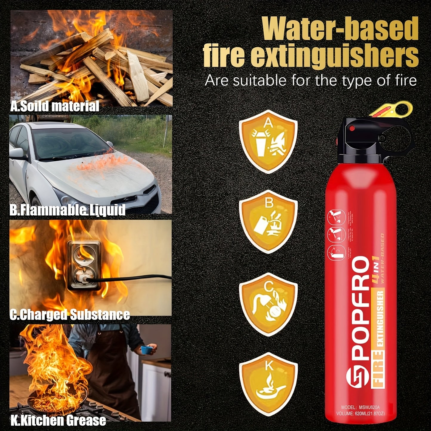 Portable Fire Extinguisher, Four-in-One Small Fire Extinguisher for Home Garage Kitchen Car, For Electrical Textile And Oil Fires, Non-toxic Easy To Clean, Wall-mounted