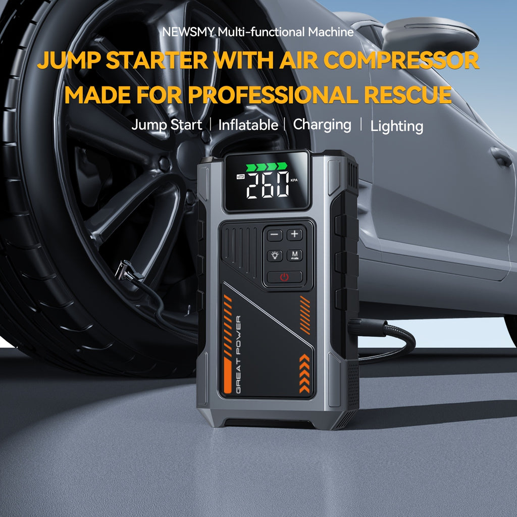 Portable Car Jump Starter & Jump Starter with Air Compressor (Optional), Jump Starter Battery Pack, Current Car Battery Booster, 12V Vehicles (1.98gal Gasoline/ 1.59gal Diesel Engine), Compatible with Sedans, SUVs, Pickup Trucks & Lawn Mowers