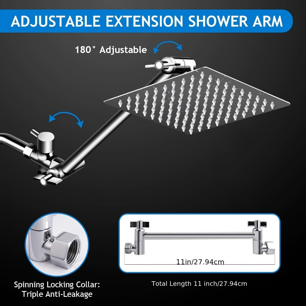 Rainfall Shower Head with Handheld Combo – 8" High Pressure Rain Shower, 5-Setting Adjustable, Anti-Leak with 11" Extension Arm, Holder & Hose, Height & Angle Adjustable