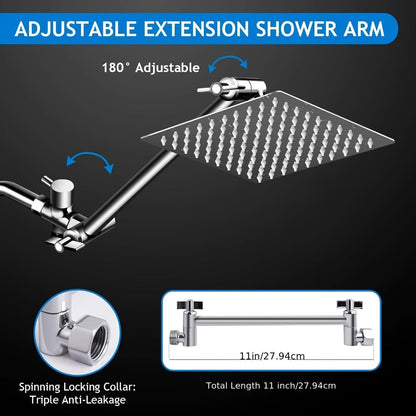 Rainfall Shower Head with Handheld Combo – 8" High Pressure Rain Shower, 5-Setting Adjustable, Anti-Leak with 11" Extension Arm, Holder & Hose, Height & Angle Adjustable