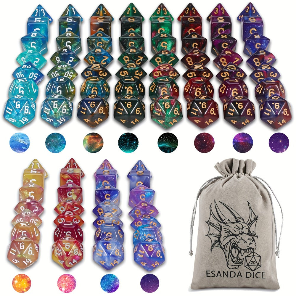 DnD Polyhedral Dice Set 84pcs – Starry Night Glitter Dice with Pouch & Tray for D&D RPG MTG Tabletop Games, Complete 12-Color Collection, Gift for Gamers