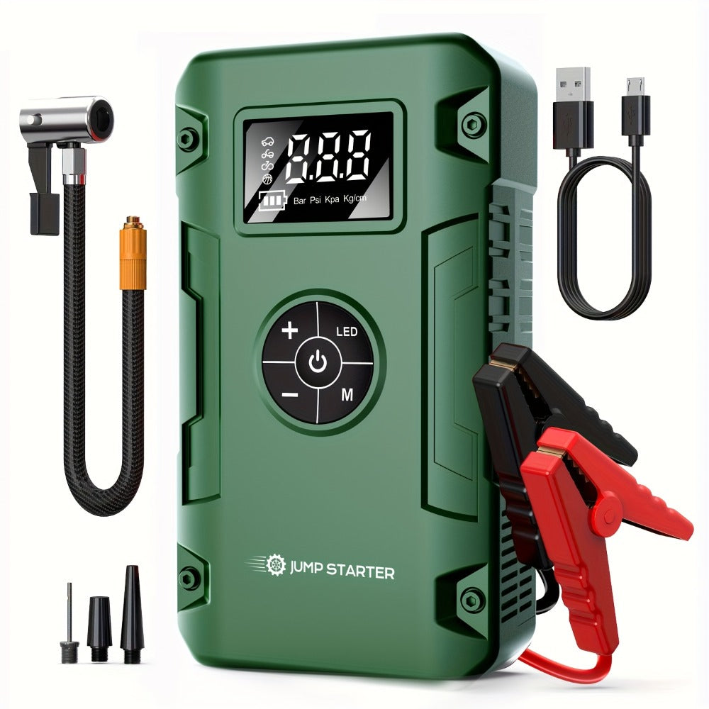 Jump Starter 10000A 7-in-1 with Air Pump – 150PSI Tire Inflator, Portable Battery Booster for Gas & Diesel, USB & USB-C Power Bank, LED Emergency Light