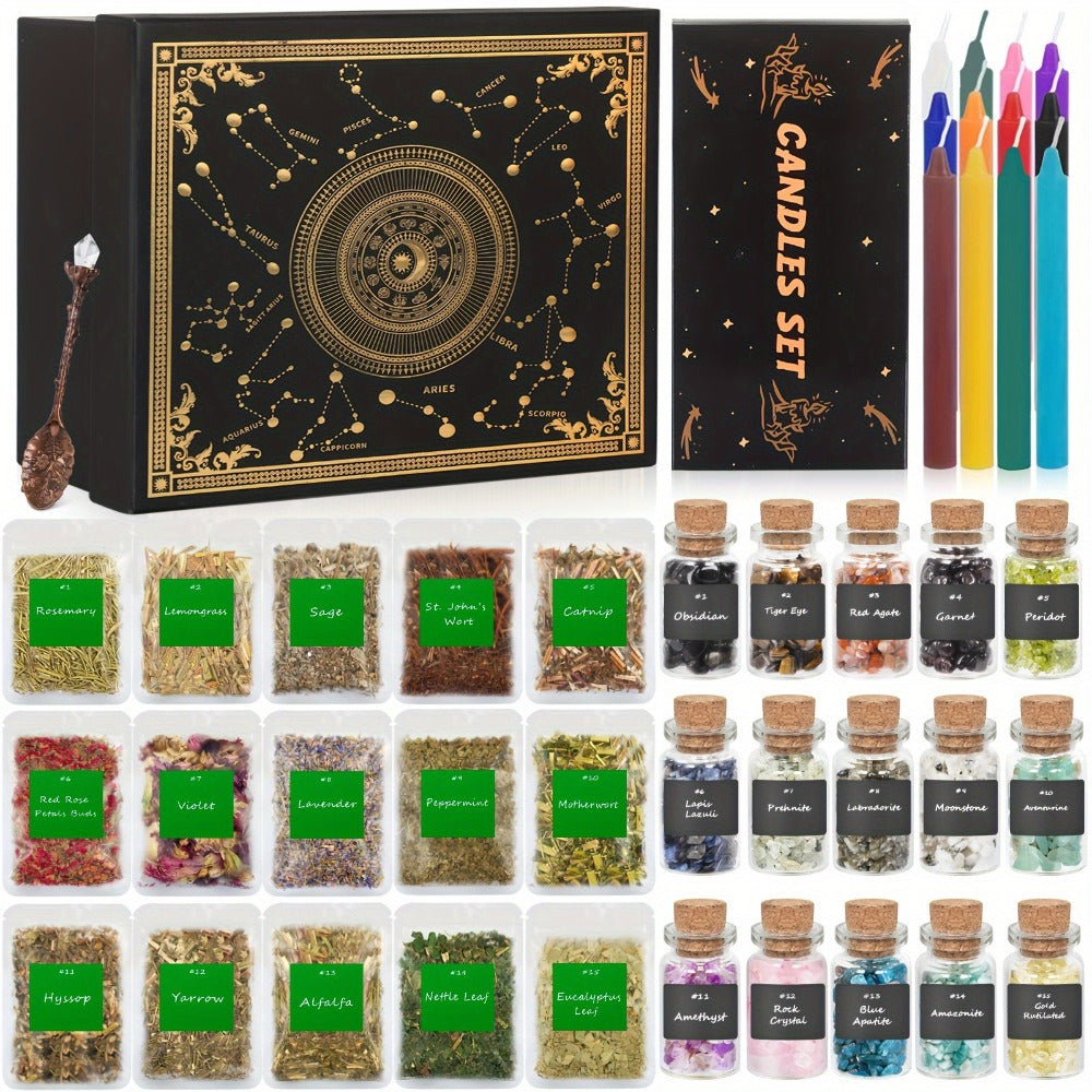 60pcs Witchcraft Supplies Kit for Beginners – Wiccan Supplies & Tools with Crystals, Candles, Witch Altar Spell Set for Rituals & Energy Cleansing, Dried Flowers, Witchy Gift Box for Women Halloween