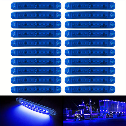 LED Side Marker Lights 20pcs, 12V 9-LED Clearance Indicator Lamp Bar for Truck Car Trailer, Waterproof Side Marker Light Kit in White Red Amber Blue Green