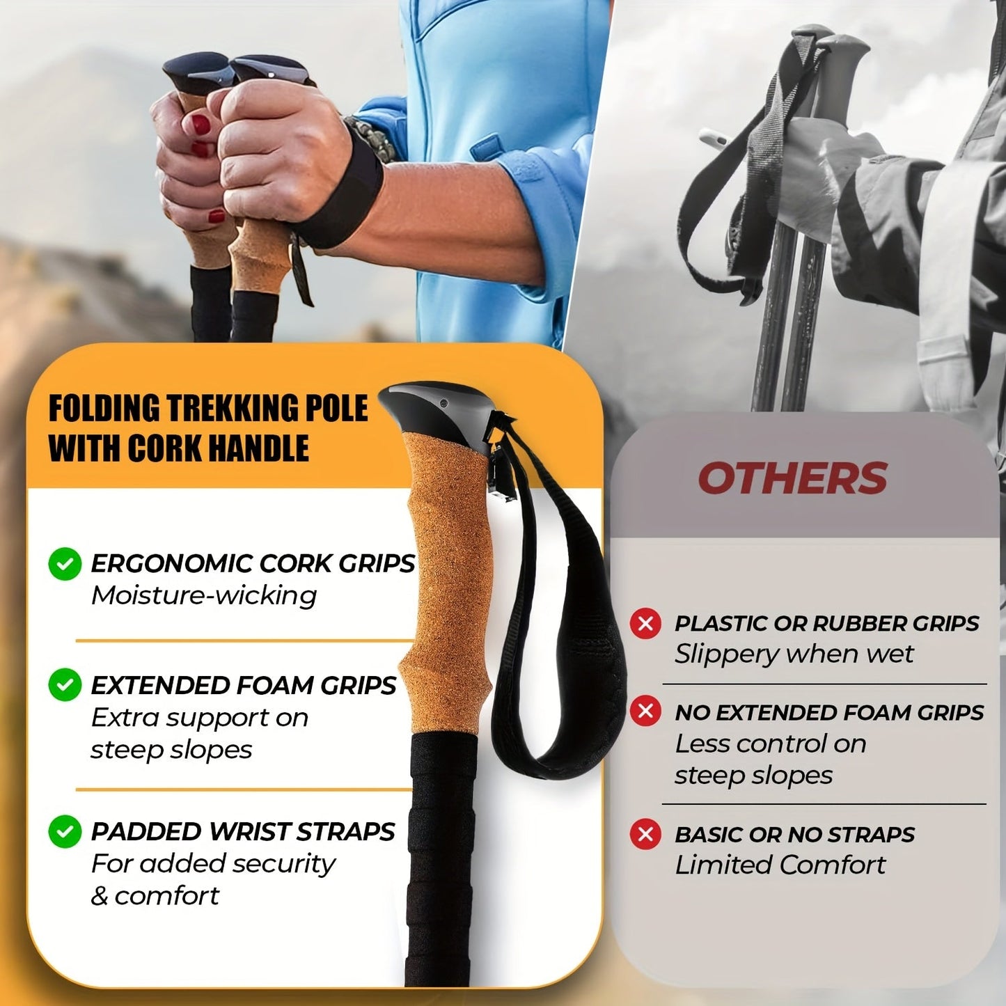 Lightweight Aluminum Trekking Poles 2-Pack – Folding Hiking Sticks with Cork Ergonomic Grip, Sweat-Absorbing Handle, Adjustable Walking Poles for Hiking, Camping & Mountain Travel