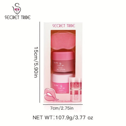 Lip Care Set 3pcs – Lip Mask, Lip Scrub Balm & Lip Brush Kit with Natural Ingredients for Deep Hydration, Exfoliation & Lip Color Enhancement, Strawberry & Peach Scent Gift for Women