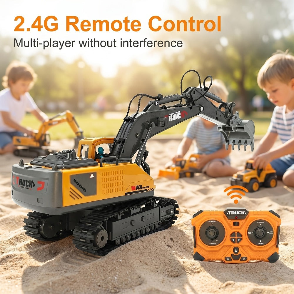 RC Excavator Toy for Kids Track Type 2.4GHz – 1200mAh Rechargeable Remote Control Construction Truck with Metal Shovel & LED Light, STEM Gift for Boys Ages 6 7 8 9 10 11 12 Birthday Christmas (Metal/Plastic/Mini)