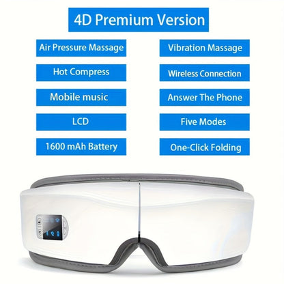 Eye Massager 4D Kneading Vibration Hot Compress Bluetooth Music Massage – Rechargeable Portable Eye Relax Device for Stress Relief