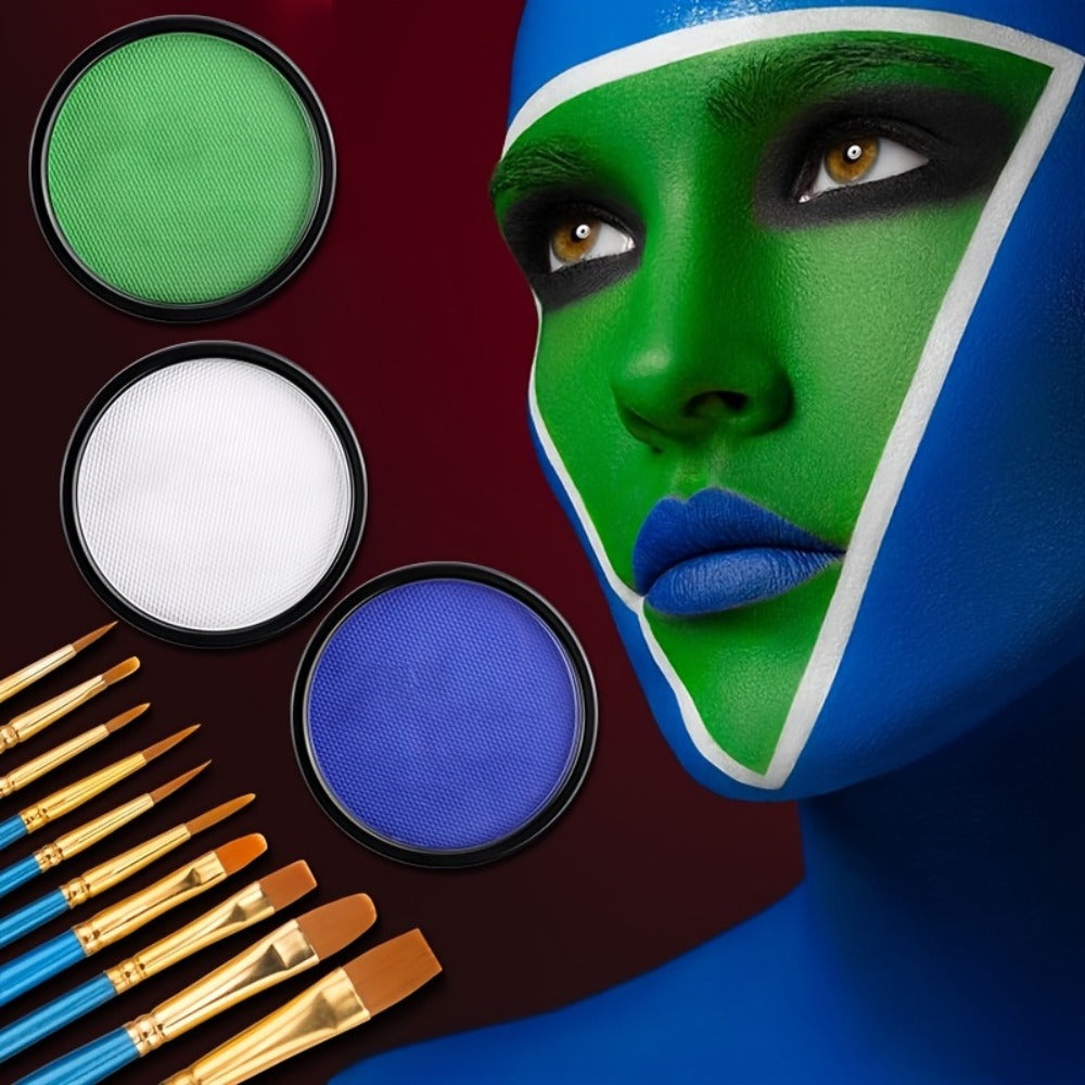 Water Activated Face Paint Kit 6 Colors with 10 Brushes – Water Based Face Body Paint Palette Black White Red Blue Green Purple for Halloween Cosplay SFX Stage Party Body Art