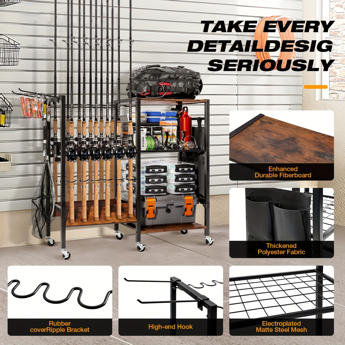 Fishing Rod Holder Rack Rotating Tackle Storage Cart Iron Wood Holds 10 to 12 Rods Garage Fishing Pole Organizer with Wheels Fishing Gear Gift for Men and Women Father Mother