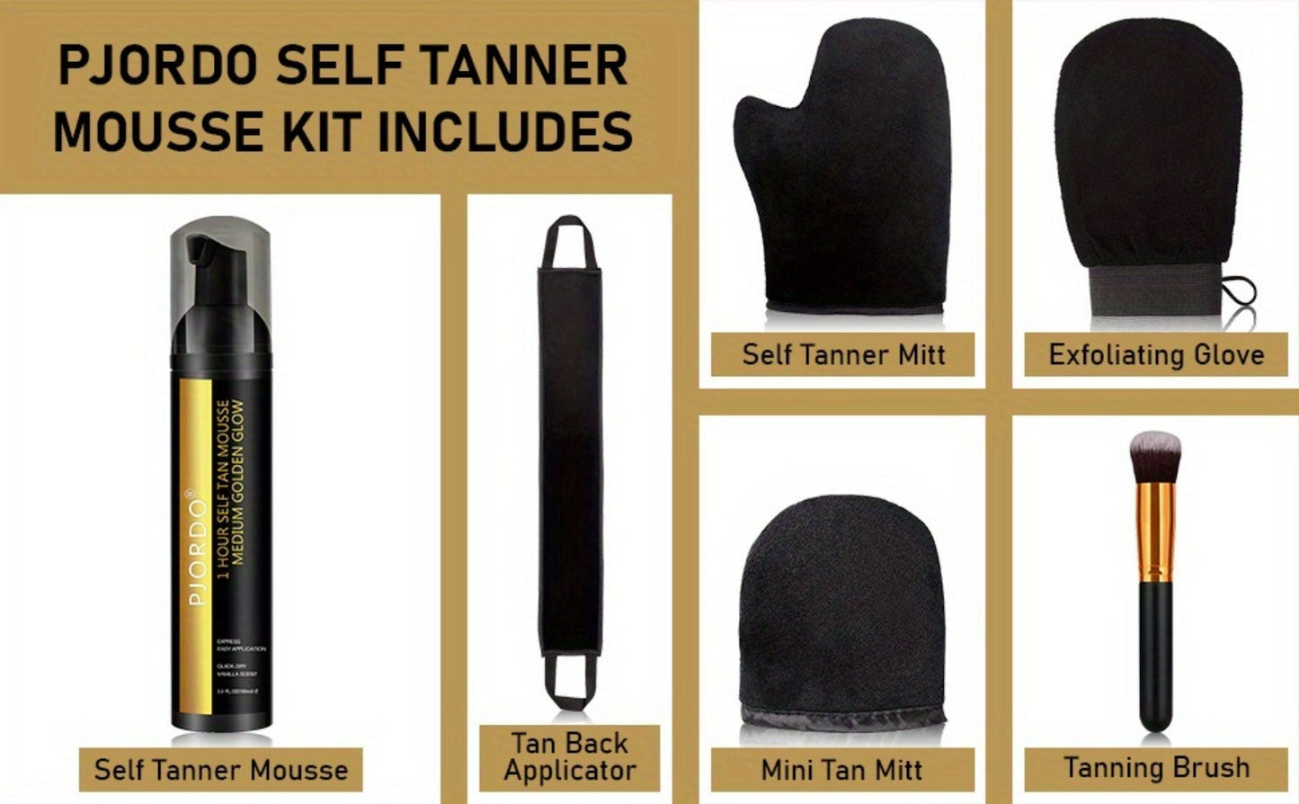 Sunless Tanning Mousse Kit 6-Piece Set with Mitt Applicator - Self Tanner Foam 1 Hour Fast Tan No Fake Smell Long Lasting Bronze Glow 3.38oz Gift Set