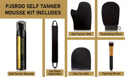 Sunless Tanning Mousse Kit 6-Piece Set with Mitt Applicator - Self Tanner Foam 1 Hour Fast Tan No Fake Smell Long Lasting Bronze Glow 3.38oz Gift Set