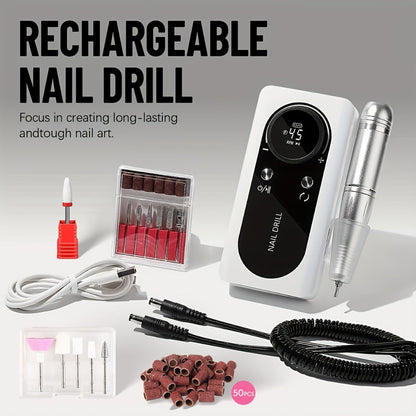 Low Noise Nail Drill Machine 45000RPM Rechargeable with LCD Display — Quiet Electric E-File for Gel Polish Acrylic Natural Nails, Professional Cordless Nail Sander for Home & Salon Manicure, White Purple Pink