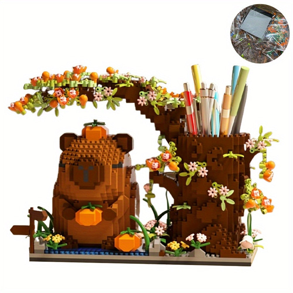 Capybara Building Block Pen Holder 1880pcs – Micro Brick Desk Organizer Pencil Cup Functional Cute Animal Desktop Decoration STEM Gift for Kids Teens Adults Office Home Birthday Christmas