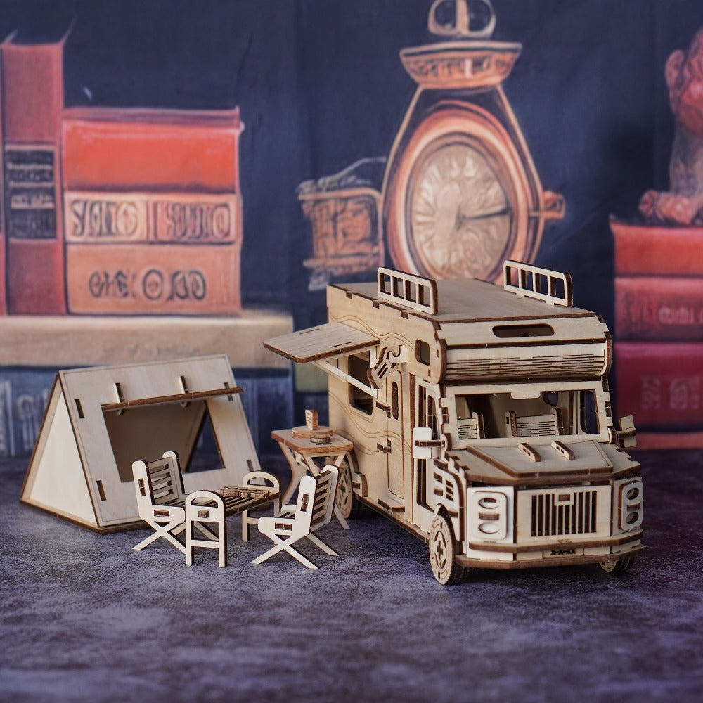 Wooden RV Model Kit – 3D Puzzle Camping Car DIY Assembly Building Toy for Adults & Teens, Laser-Cut Motorhome Craft, Unique Birthday Gift for Camping Lovers Friends Family