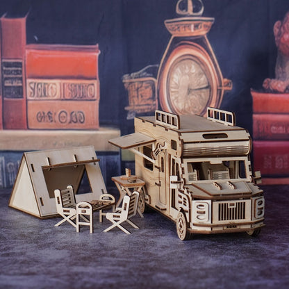 Wooden RV Model Kit – 3D Puzzle Camping Car DIY Assembly Building Toy for Adults & Teens, Laser-Cut Motorhome Craft, Unique Birthday Gift for Camping Lovers Friends Family