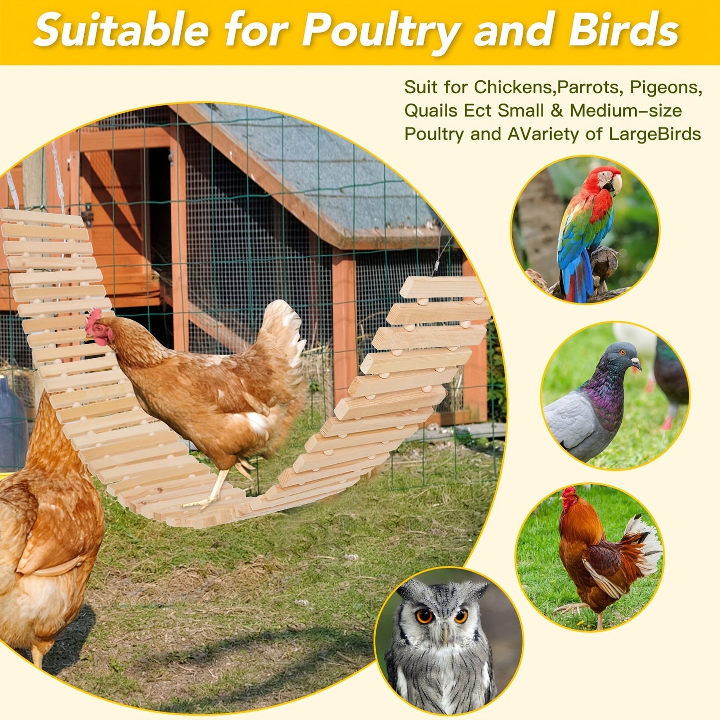 Chicken Perch Ladder Swing Toy Natural Wood Multi-Level Roosting Bar with Metal Chain for Hens Roosters Chicks Indoor Outdoor Coop Bird Enrichment Toy