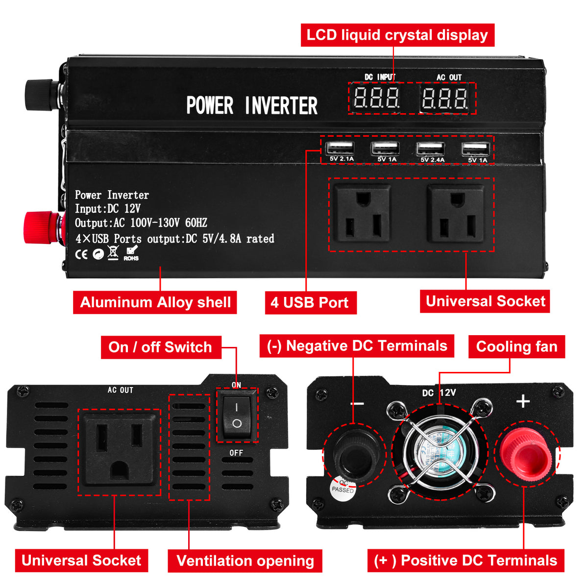 DC 12V to AC 110V Sine Wave Solar Power Inverter with an LCD Display, Capable of 6500W Peak Power. It Features a Universal Socket for Easy And Convenient Connections, Making It Ideal for Emergencies And Suitable for Mobile Phones, Rvs, Electronics