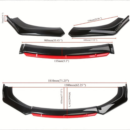 Car Front Lip Spoiler Kit 4pcs Universal ABS Front Bumper Splitter Spoiler Glossy Black Red Accent Aerodynamic Design Easy Clip-On Install Fits 95% Vehicles Durable Scratch Resistant