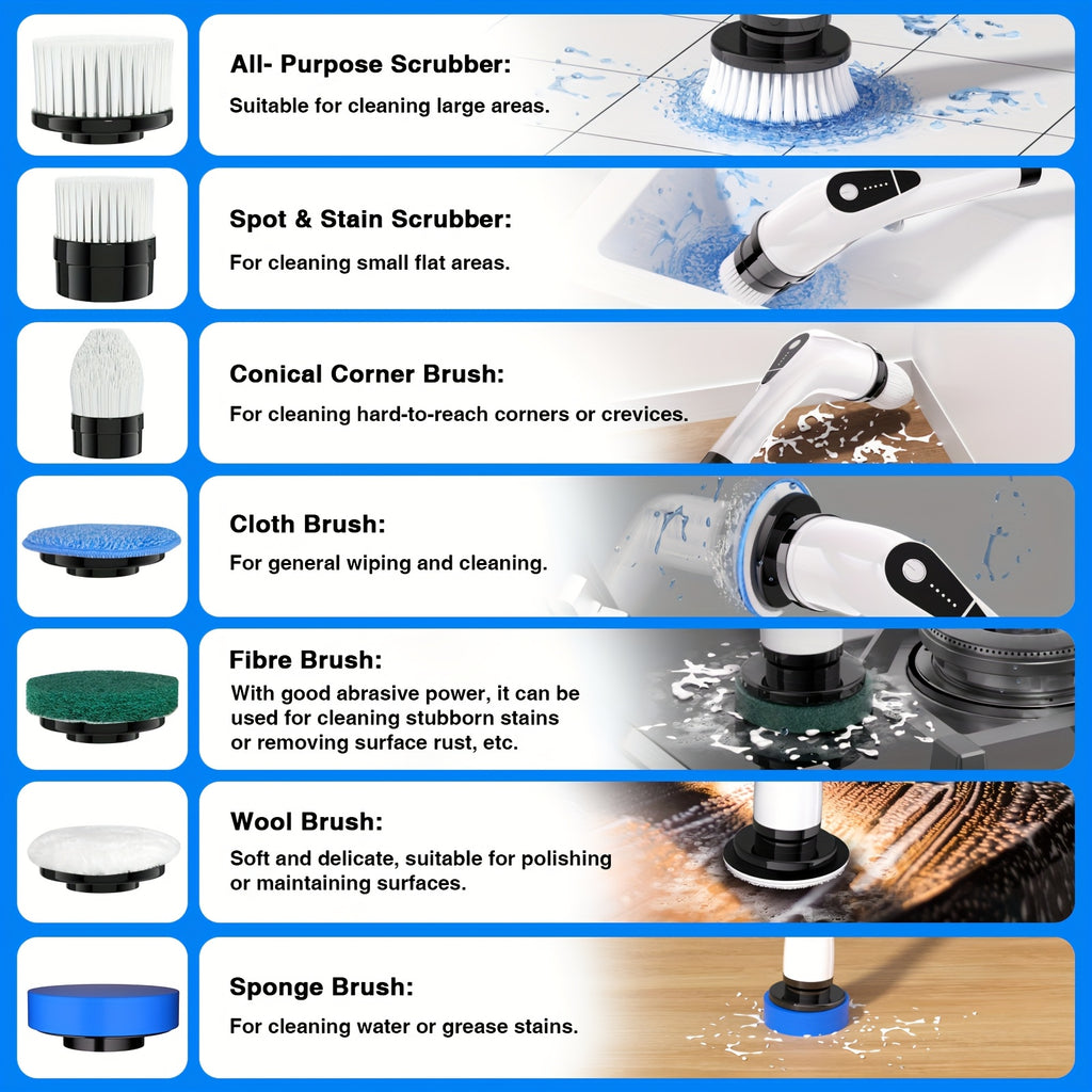 Multifunctional Electric Spin Scrubber Cordless Cleaning Brush, 7-in-1 Cleaning Brush, Adjustable Speeds 7 Replaceable Heads, Dual-speed And Detachable Telescopic Handle, Suitable for Car, Kitchen, Living Room And Bathroom