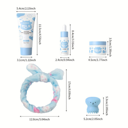 LAIKOU Milk Skincare Set 5pcs Hypoallergenic Moisturizing Face Care Routine Cleanser Serum Face Cream Cleansing Brush Hairband for All Skin Types Men Women Day Night