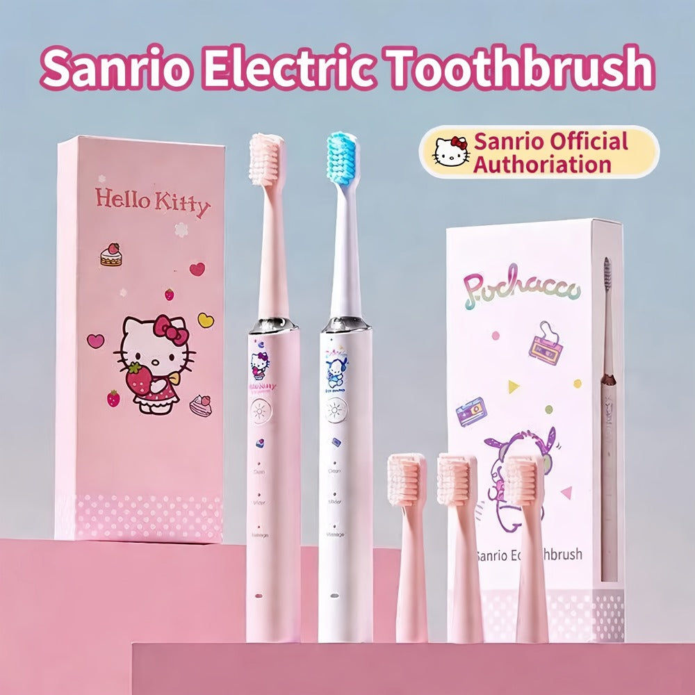 Sanrio Electric Toothbrush Hello Kitty & Pochacco - 4 Cleaning Modes, 4 Intensity Levels, 3 Replacement Brush Heads, 2-Minute Smart Timer, Cute Design Gift for Girls, Birthday, Graduation, Christmas