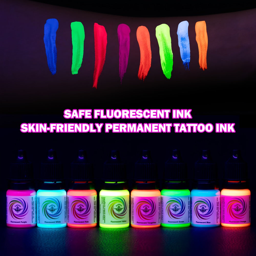 UV Fluorescent Tattoo Ink Set 8 Colors – Professional Long-Lasting Blacklight Tattoo Pigment for Body Art, Permanent Makeup & DIY Tattoo – Vibrant Neon Violet Glow Ink